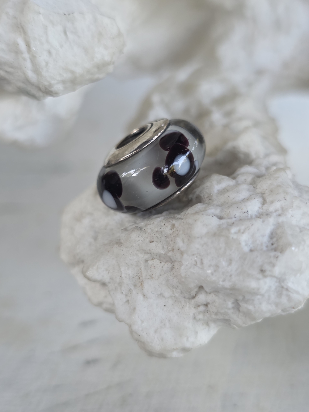 Pandora Gray Glass Charm with Black and White Dots